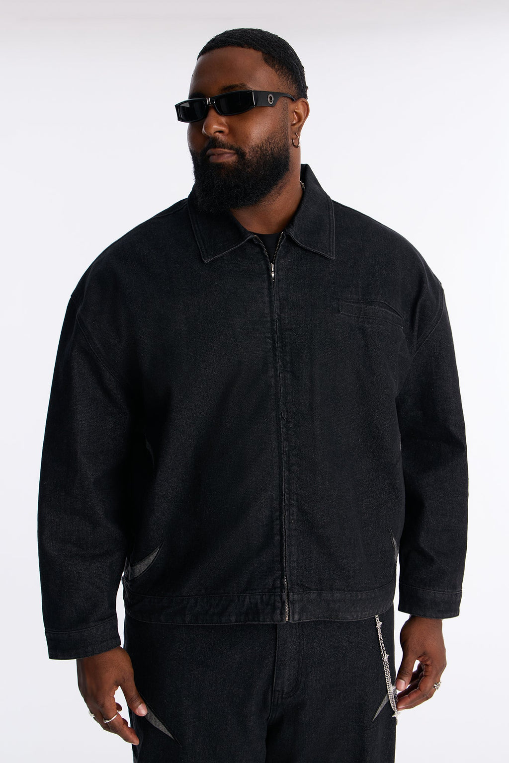 Cropped Crescent Denim Work Jacket - Black