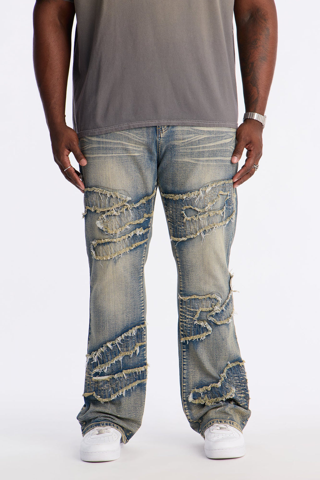 Stacked Slim Flare Fray Waves Jeans - Light Wash