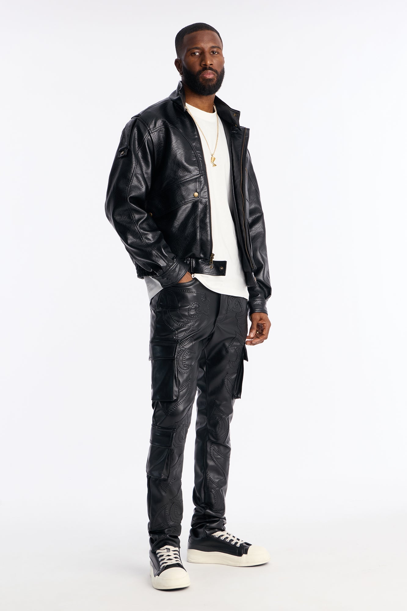 Skinny Stacked Faux Leather Paisley Embellished Pant - Black