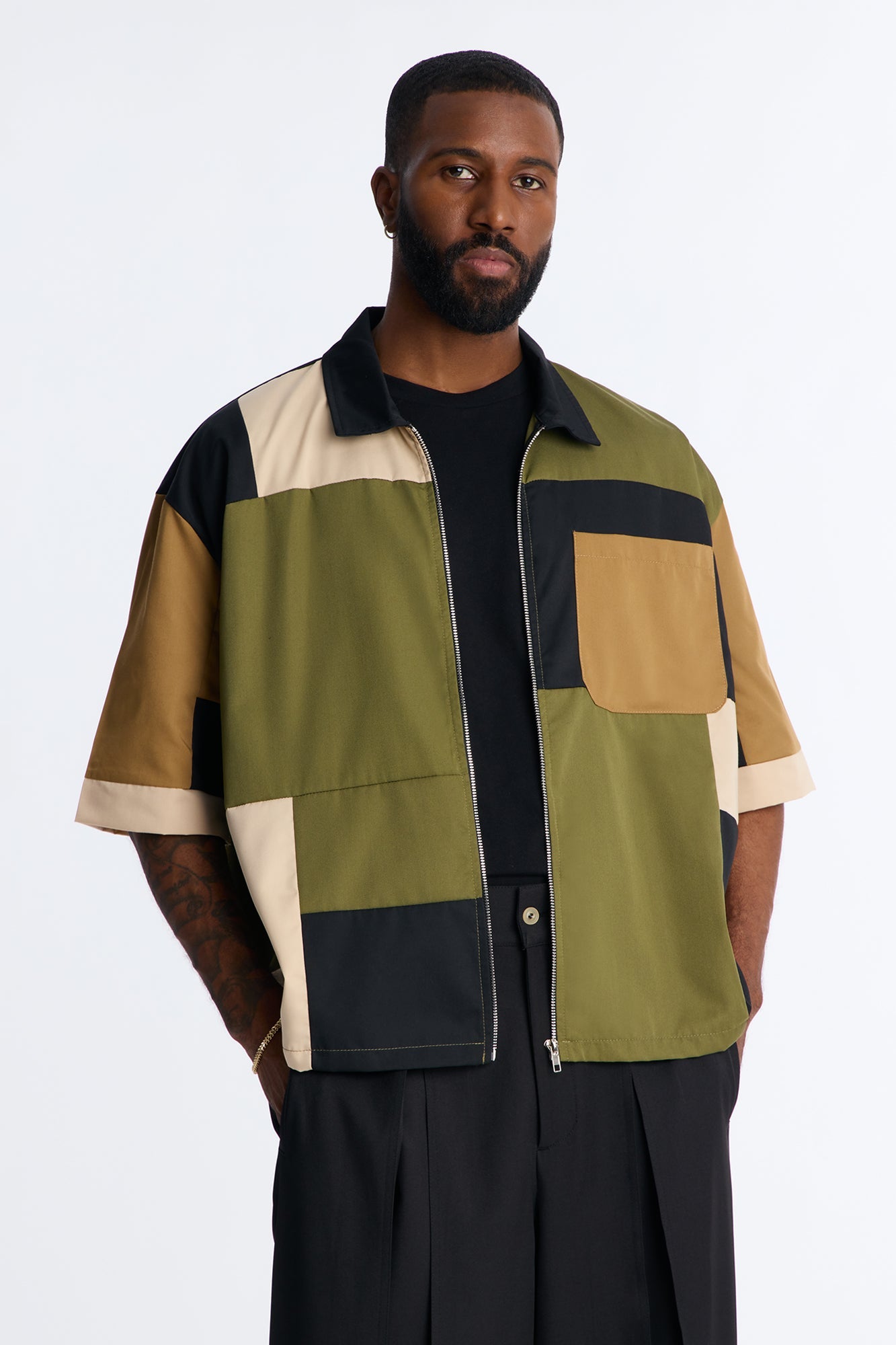 Cropped Pixel Perfect Zip Up Shirt - Khaki