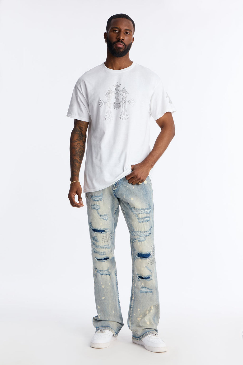 Three Crosses Rhinestones Oversized Short Sleeve Tee - White
