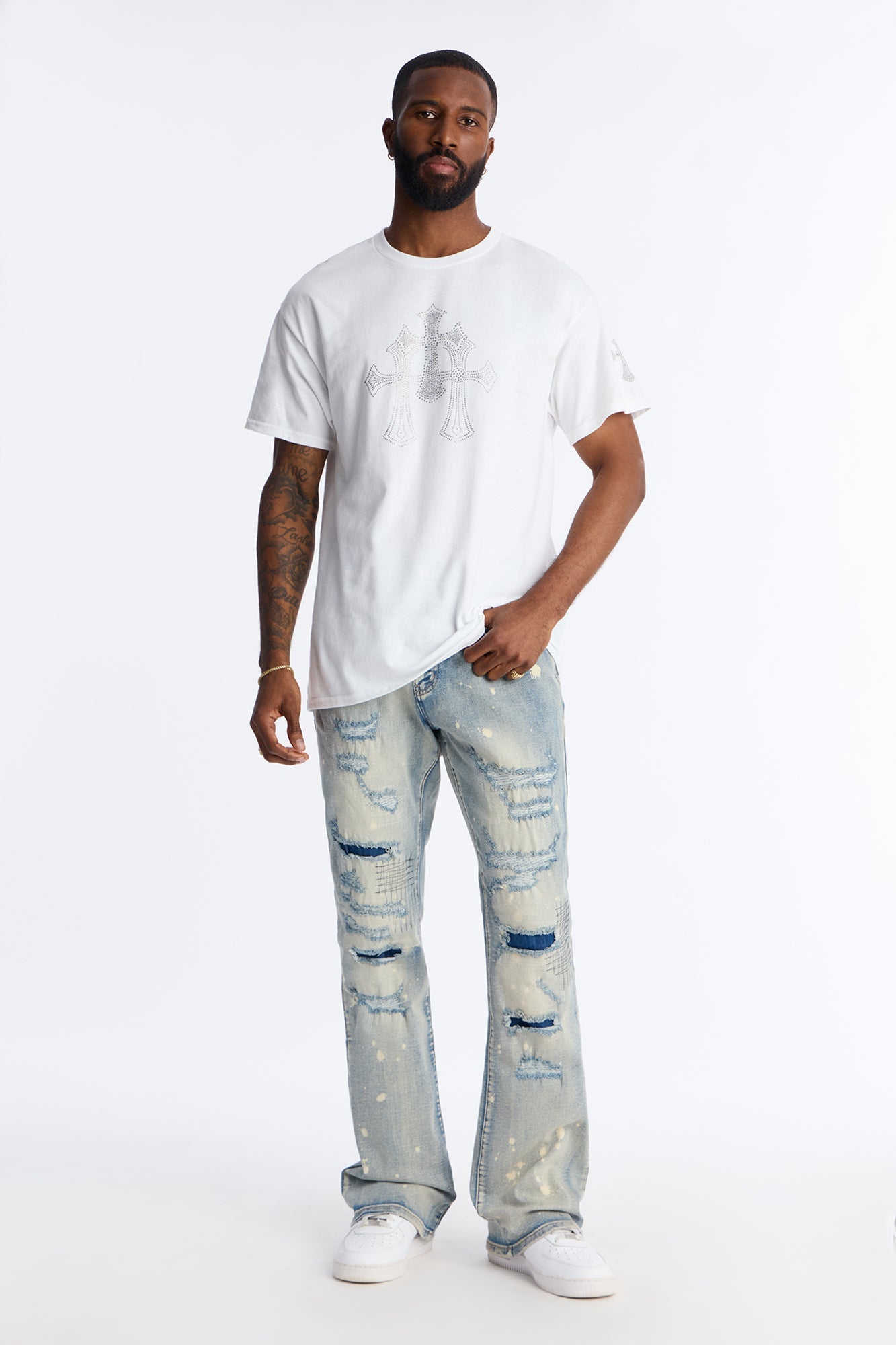 Three Crosses Rhinestones Oversized Short Sleeve Tee - White