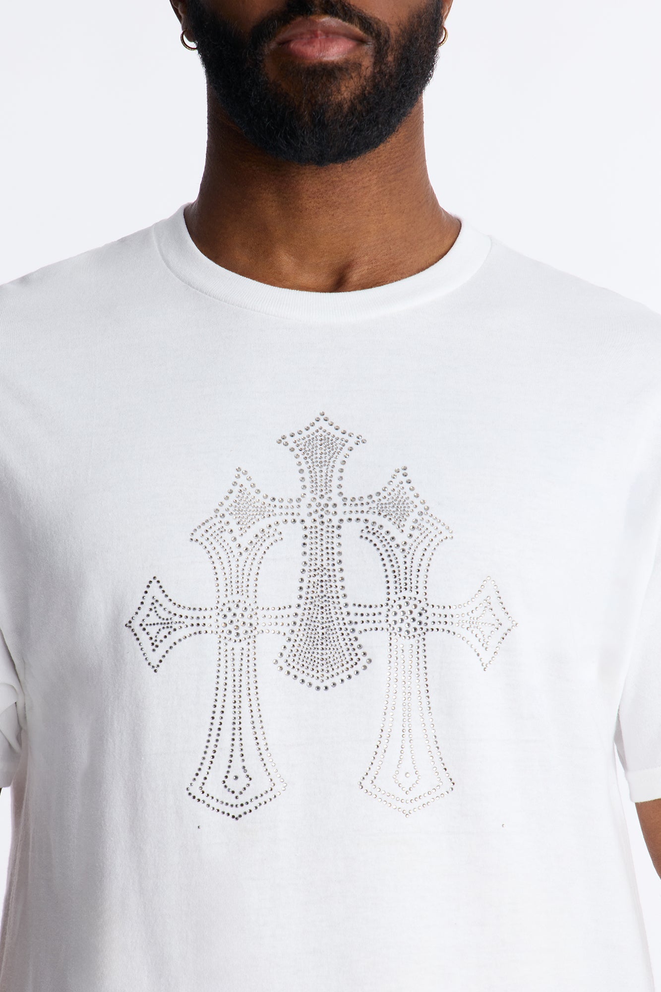 Three Crosses Rhinestones Oversized Short Sleeve Tee - White