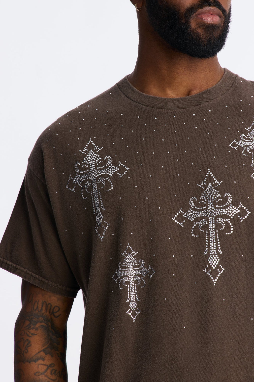 Bare The Cross Rhinestones Oversized Short Sleeve Tee - Chocolate