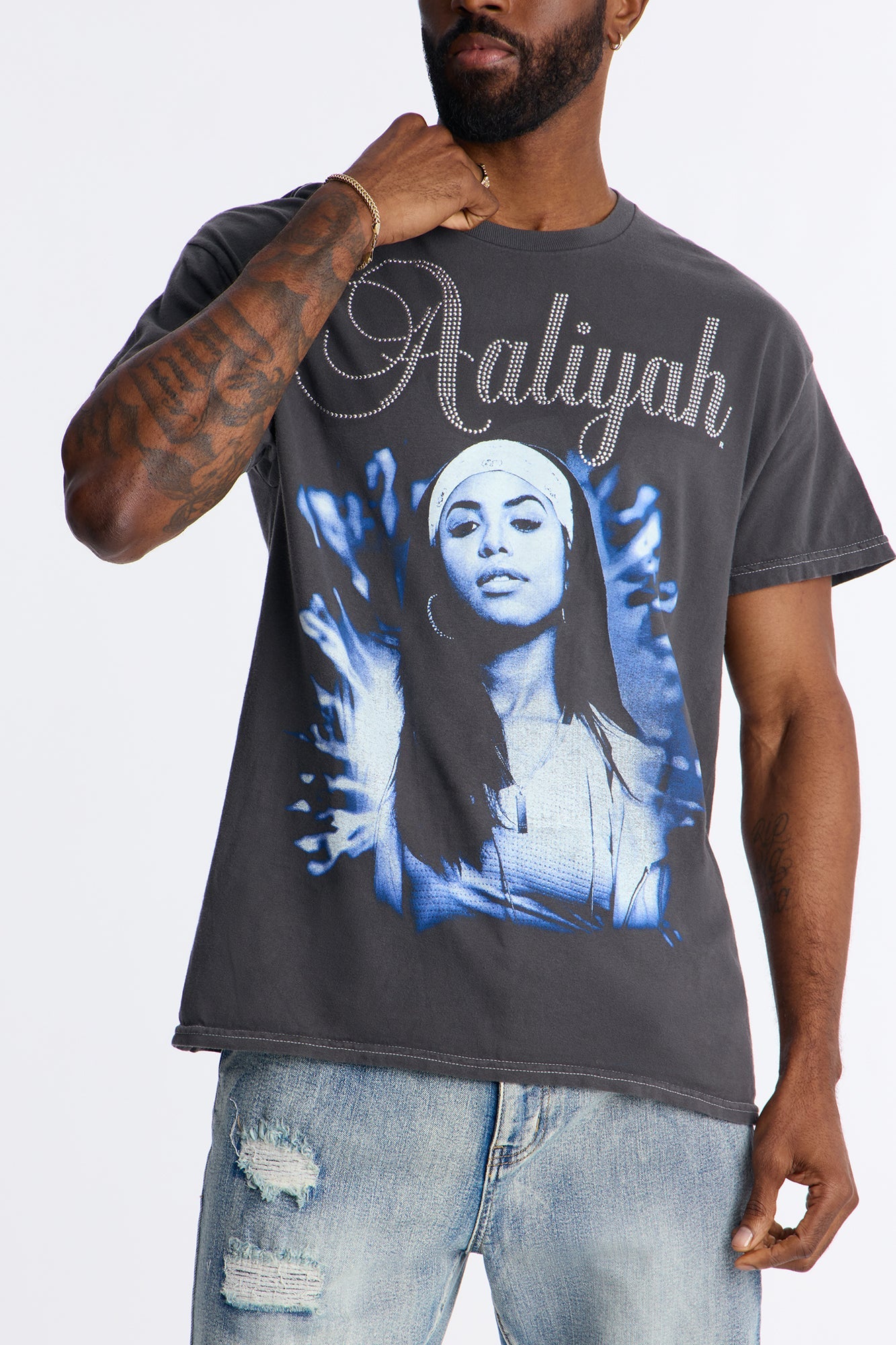 Embellished Aaliyah One In A Million Short Sleeve Tee - Black