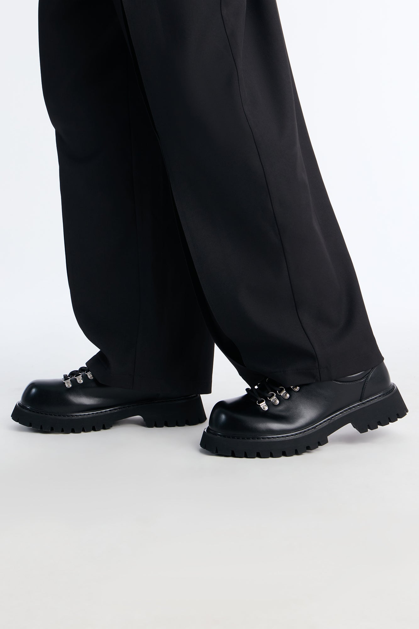 Faux Leather Lace Up Hiker Shoes - Black