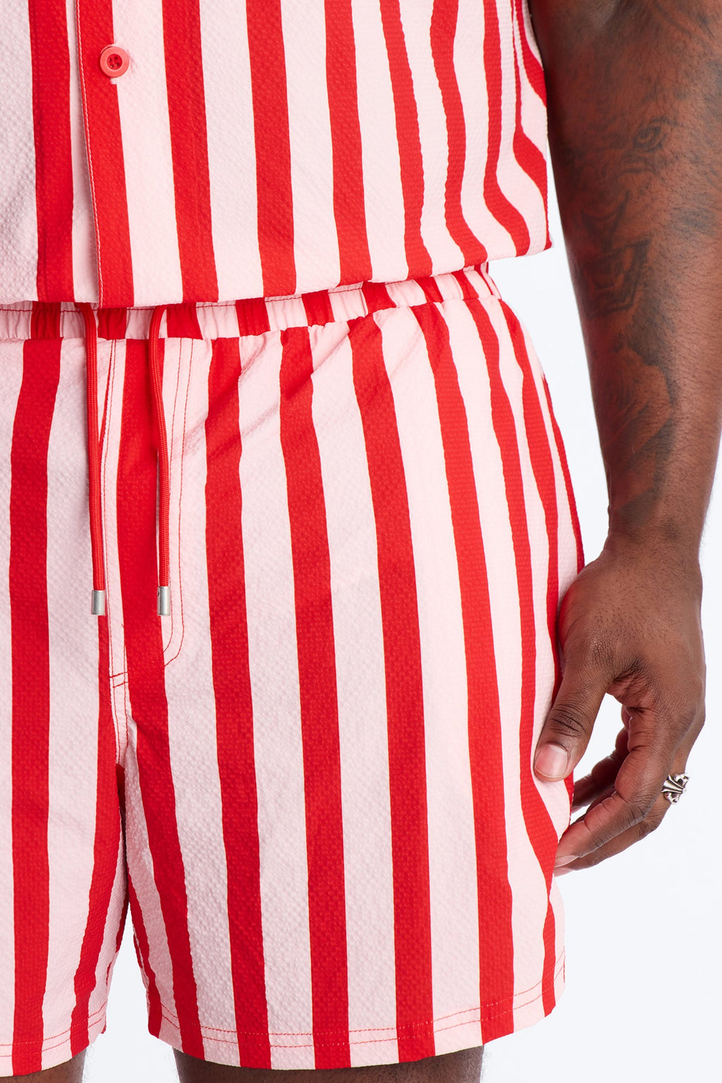Striped Party Seersucker Swim Trunk 6″ - Red