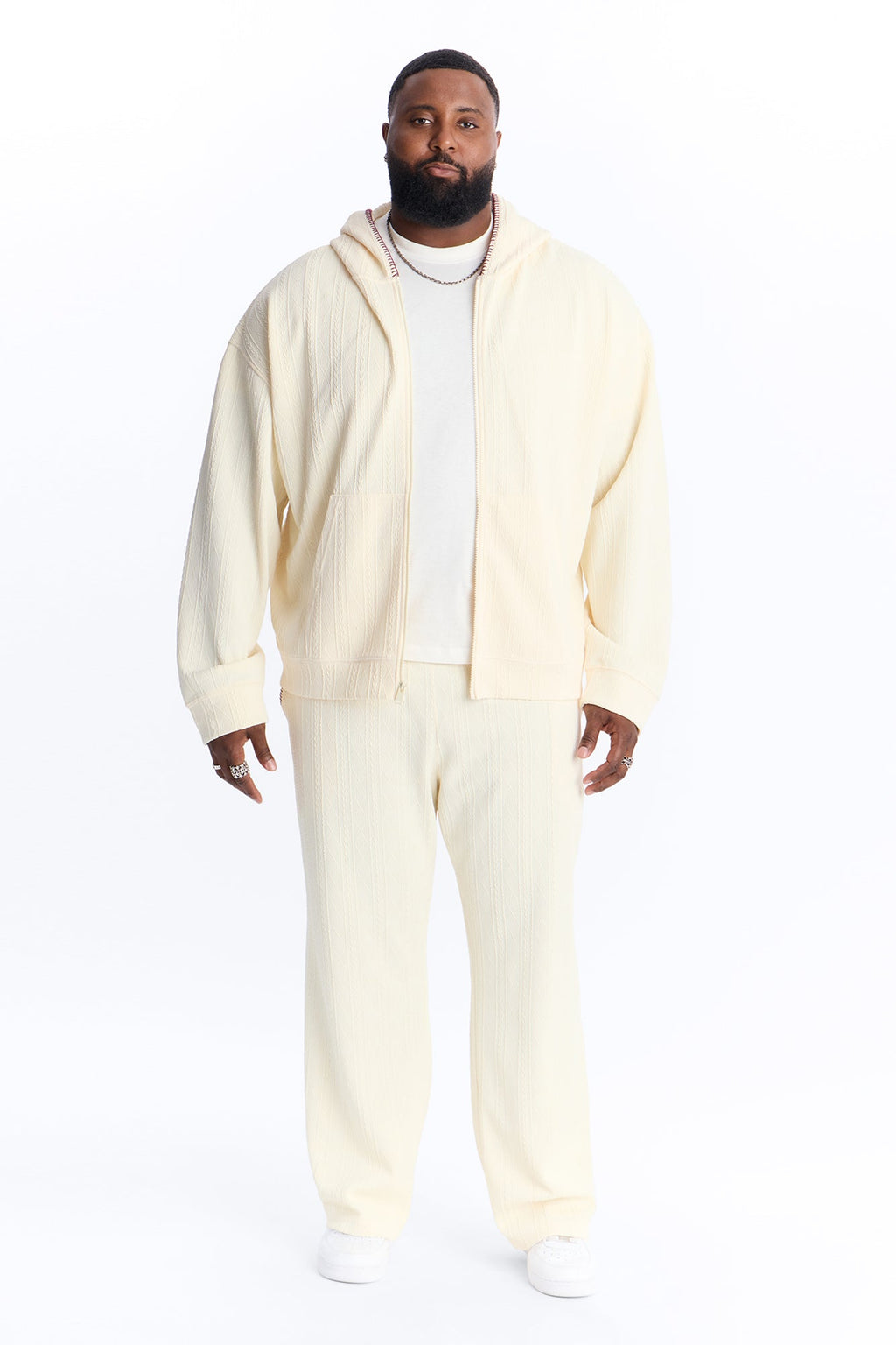 Straight Cable Knit Textured Stitched Pant - Cream