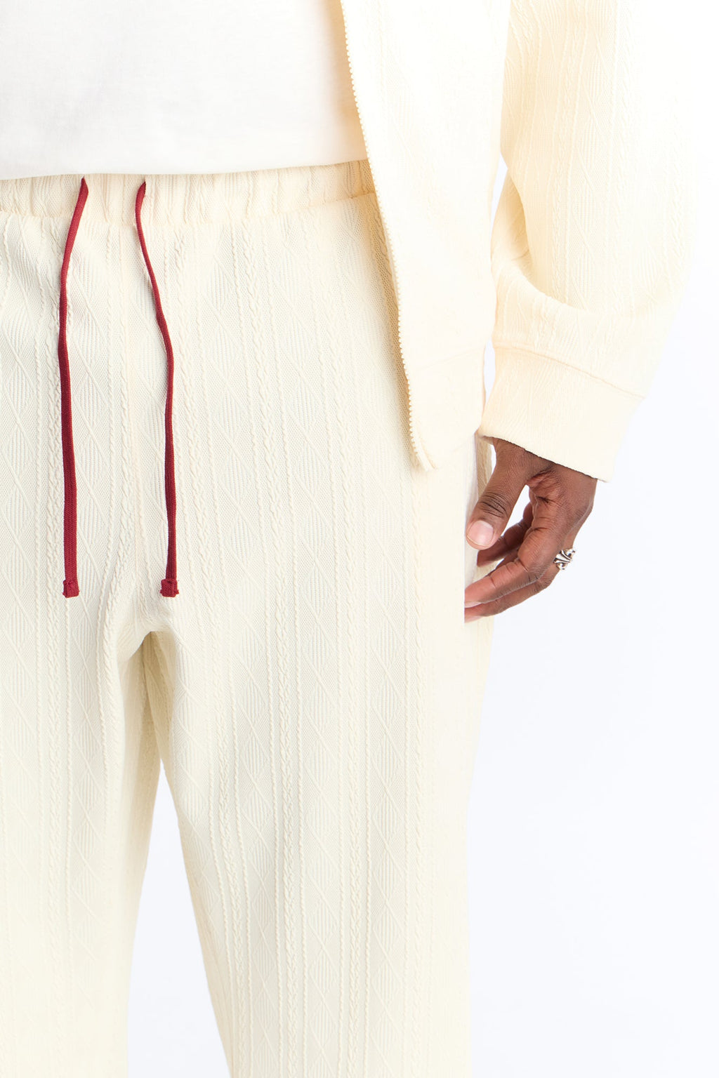 Straight Cable Knit Textured Stitched Pant - Cream