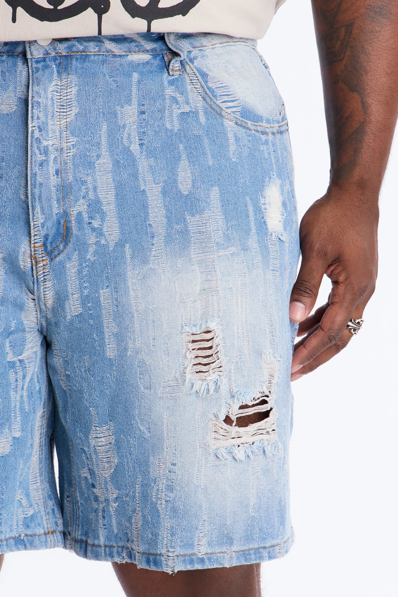 Relaxed All Over Distressed Denim Short - Medium Wash