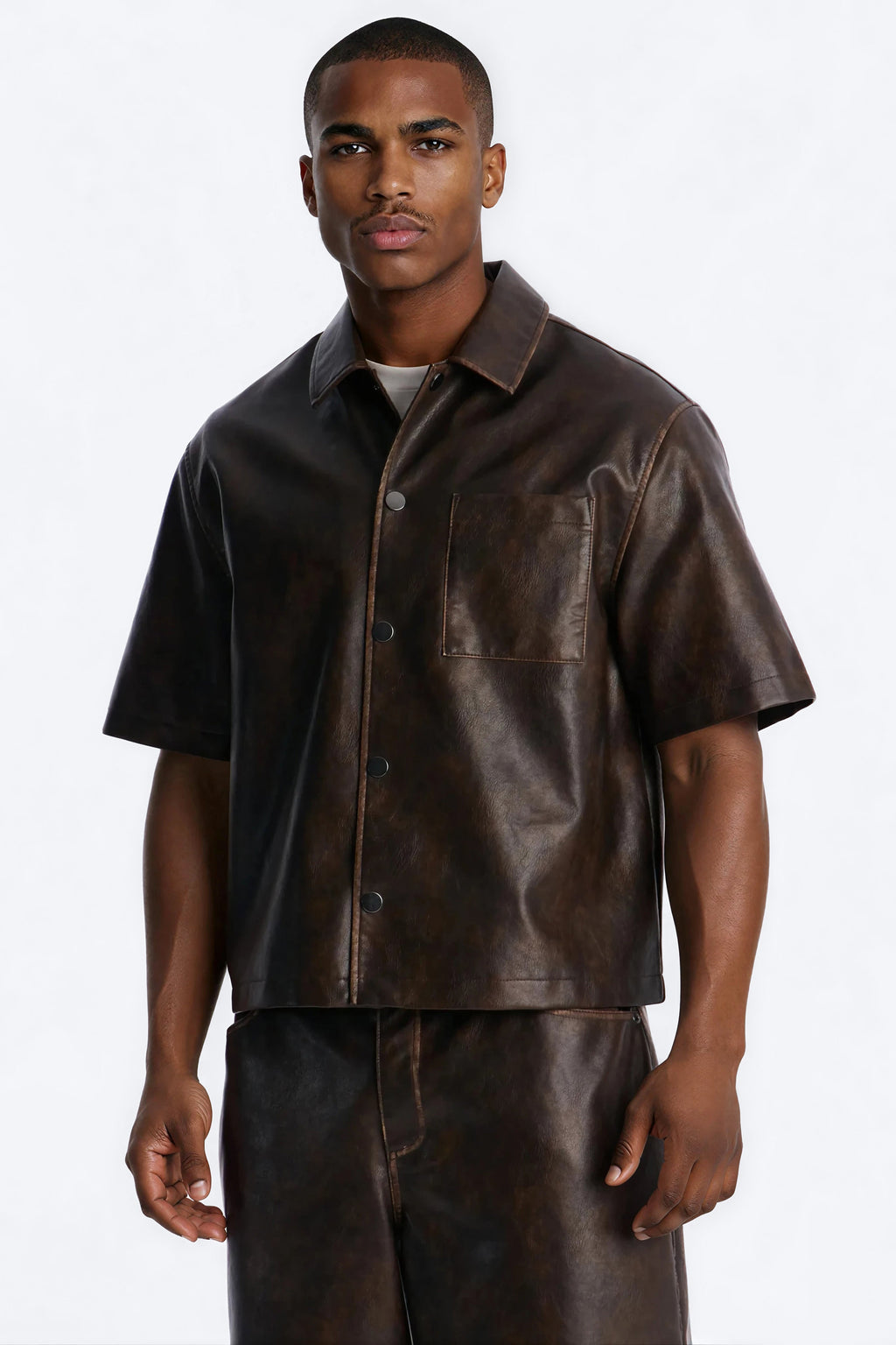 Cropped Relaxed Fordham Front Faux Leather Button Up Shirt - Brown