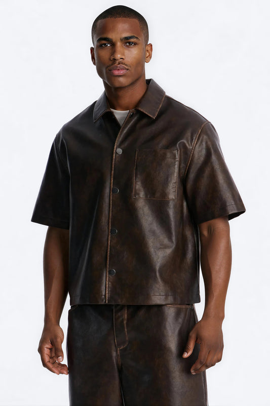 Cropped Relaxed Fordham Front Faux Leather Button Up Shirt - Brown