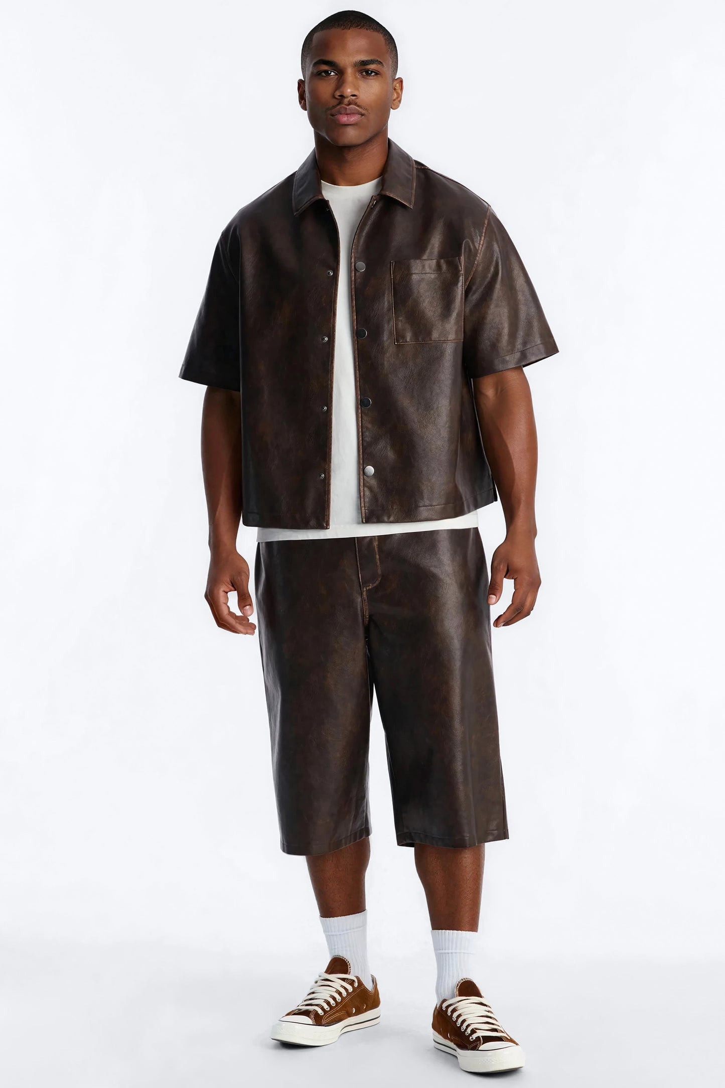 Cropped Relaxed Fordham Front Faux Leather Button Up Shirt - Brown