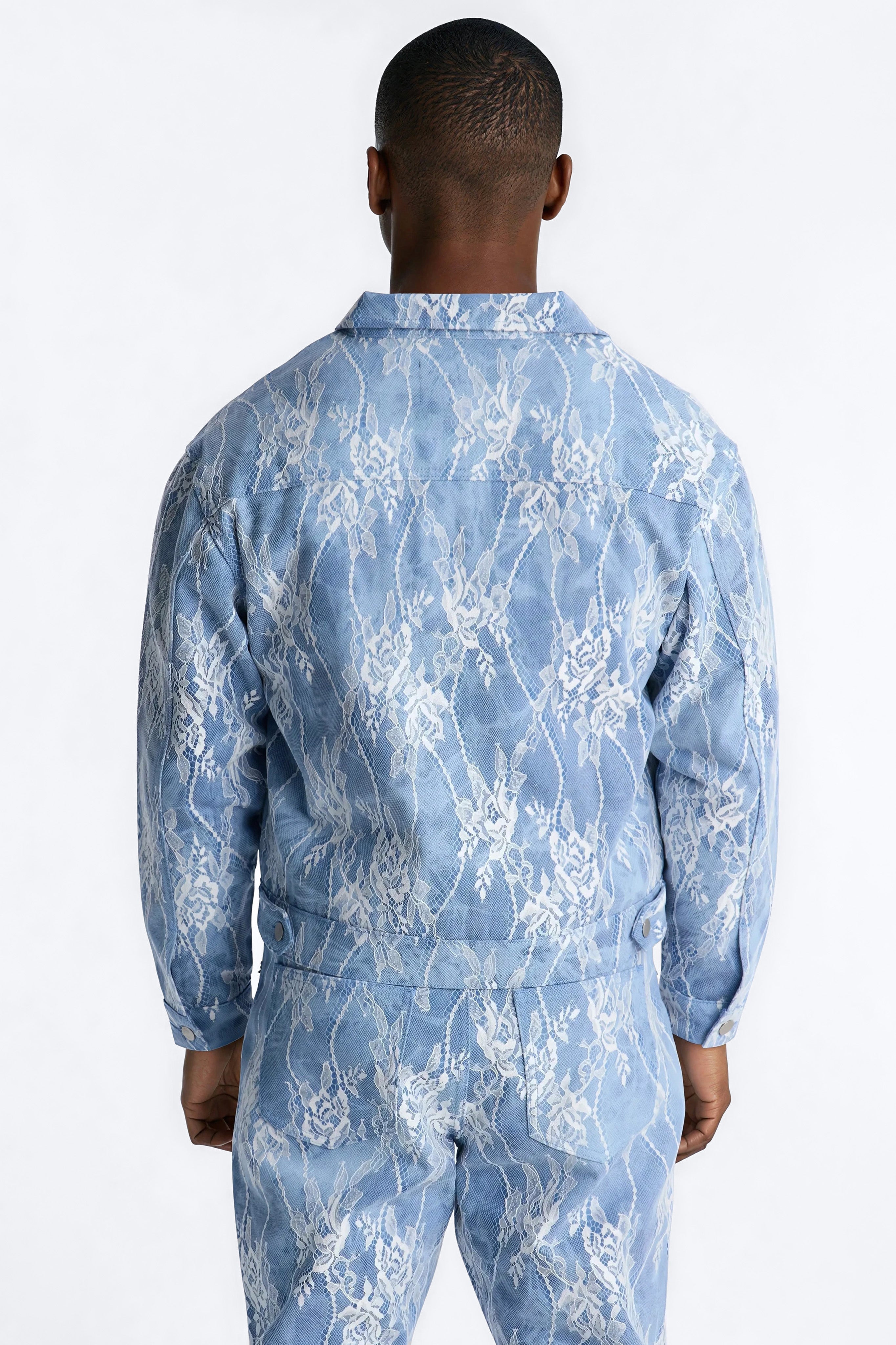 Lace Overlay Zip Denim Jacket - Medium Blue Wash