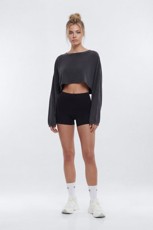 Cotton Jersey Long Sleeve Cropped Top - Charcoal