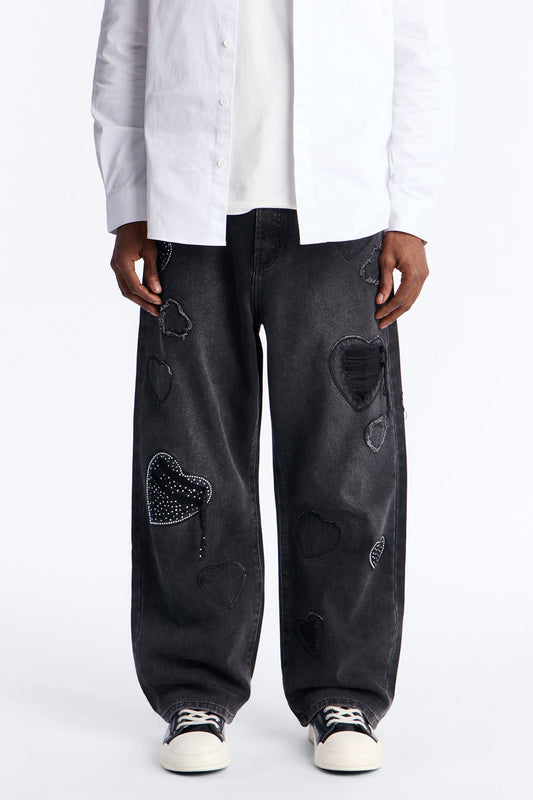 Baggy Stressin' Hearts Jeans - Black Wash