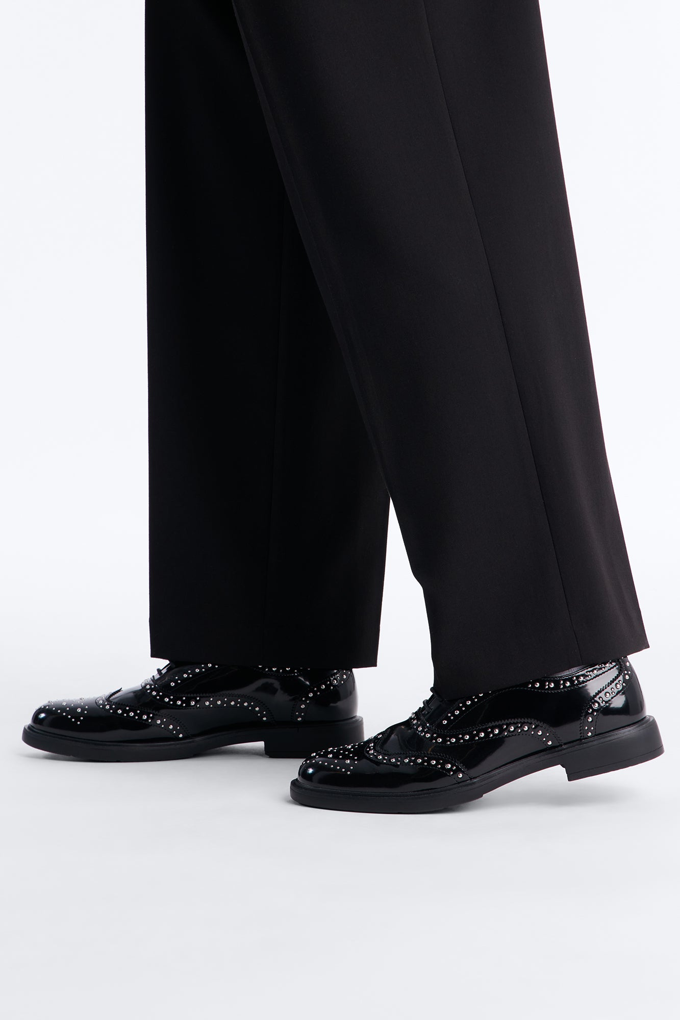 Patent Leather Studded Wing Tip Lace Up Shoe - Black