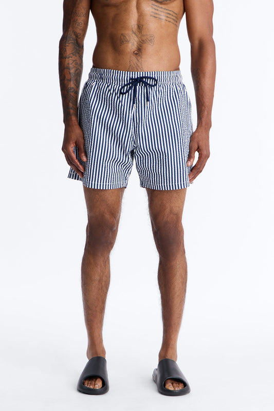 Striped Resort Seersucker Swim Trunk 6″ - Navy