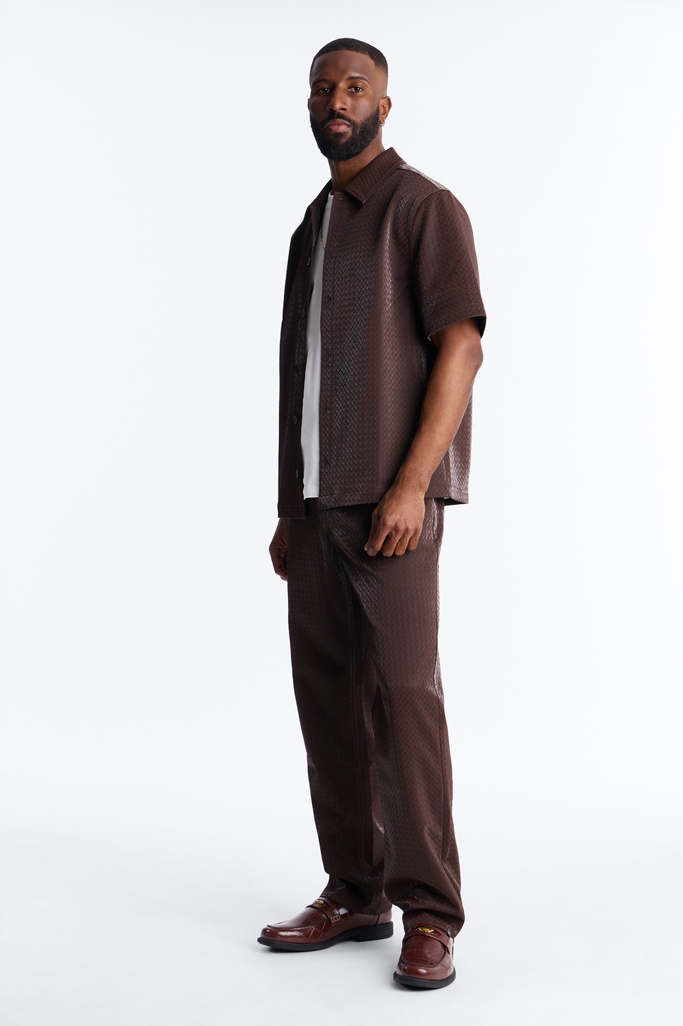 Tisse Textured Faux Leather Button Up Shirt - Brown
