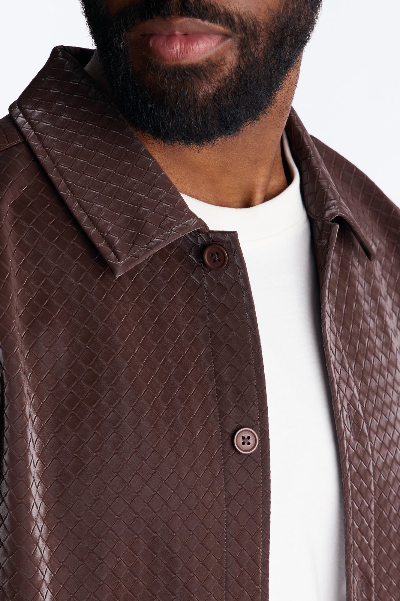 Tisse Textured Faux Leather Button Up Shirt - Brown