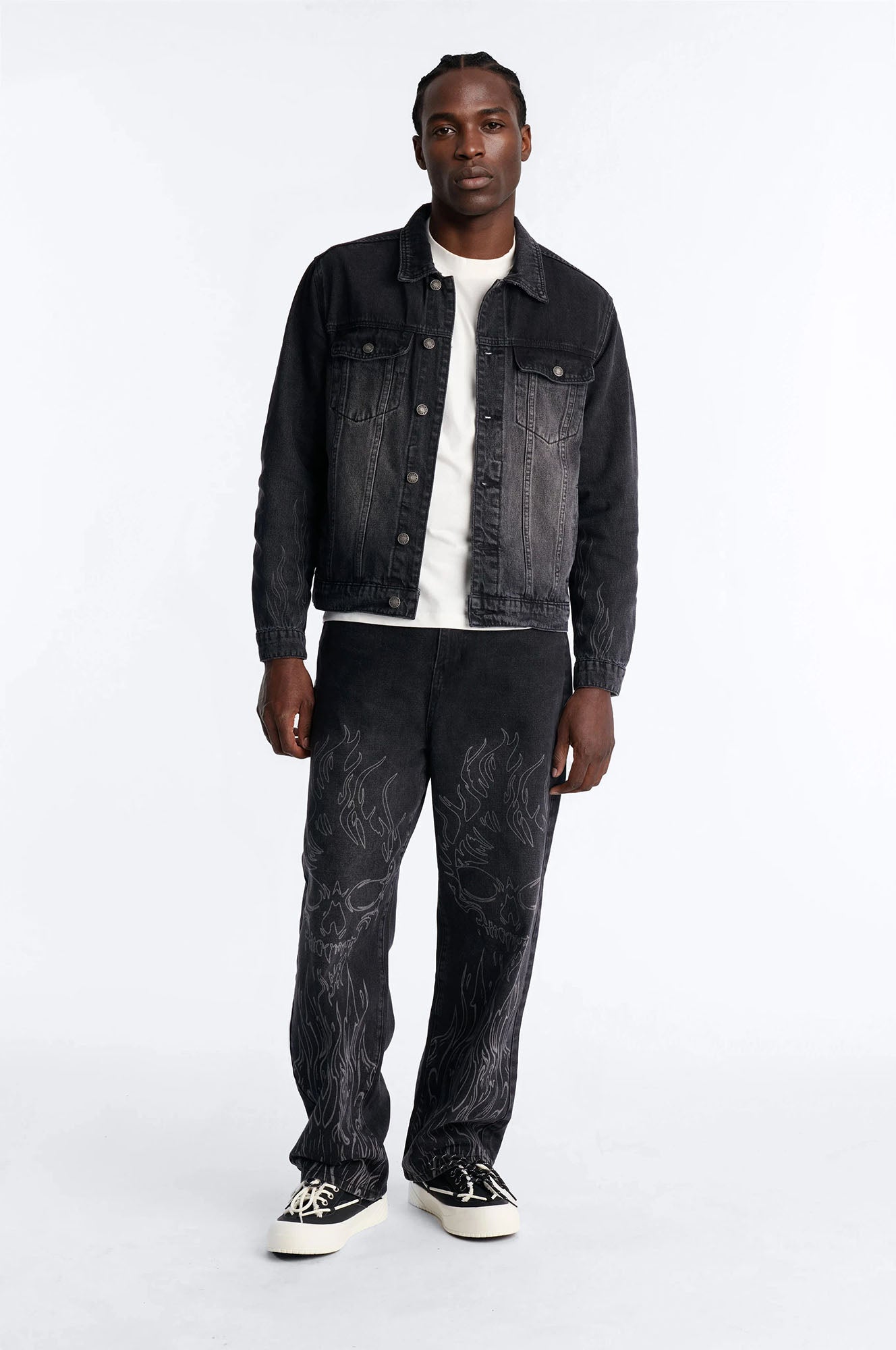 Cropped Hellfire Denim Trucker Jacket - Black Wash