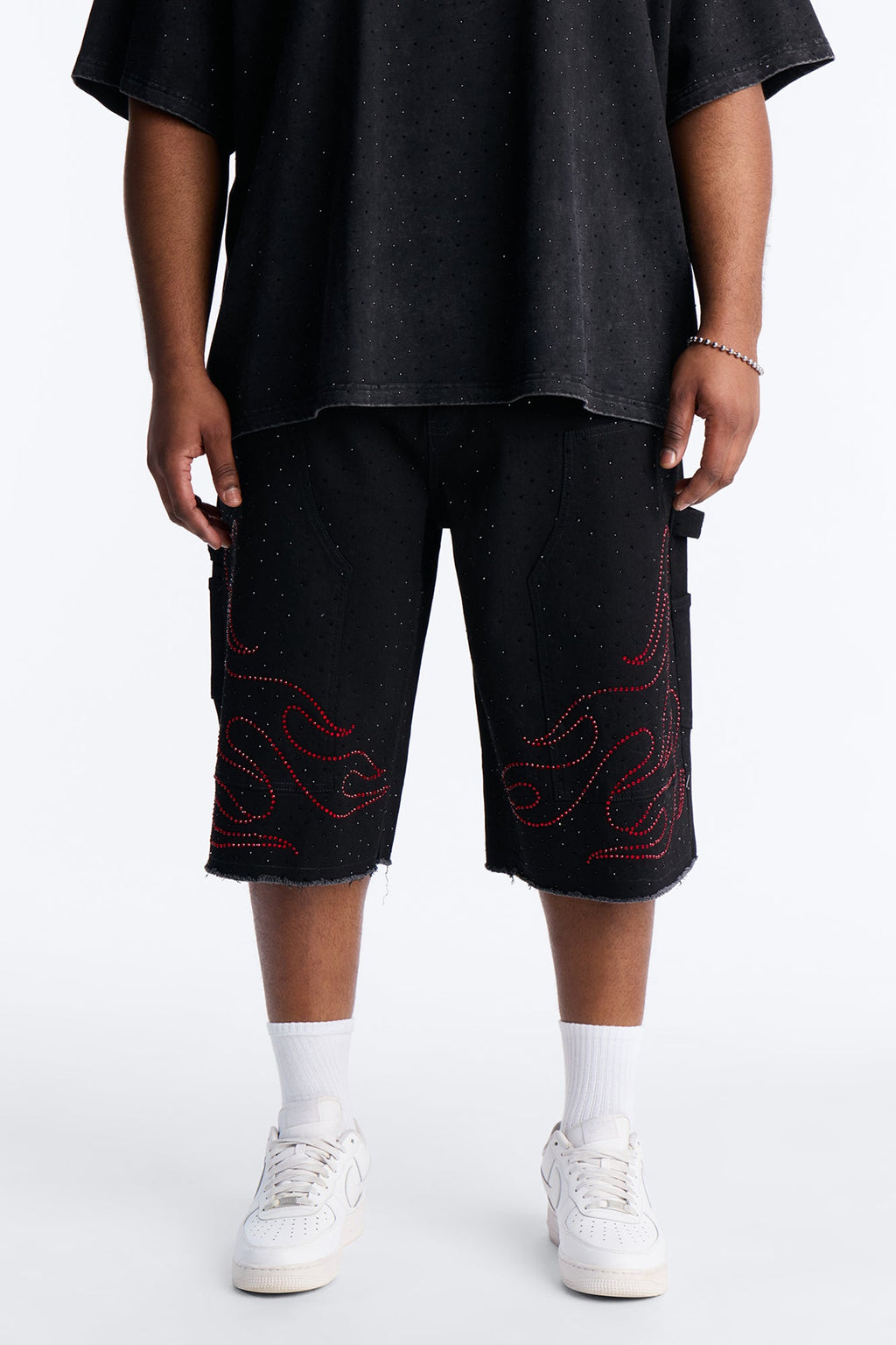 Baggy Flamed Jewel Carpenter Denim Short - Black