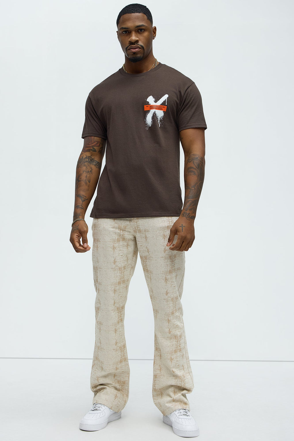 Rough Mark Stacked Slim Flare Pants - Tan