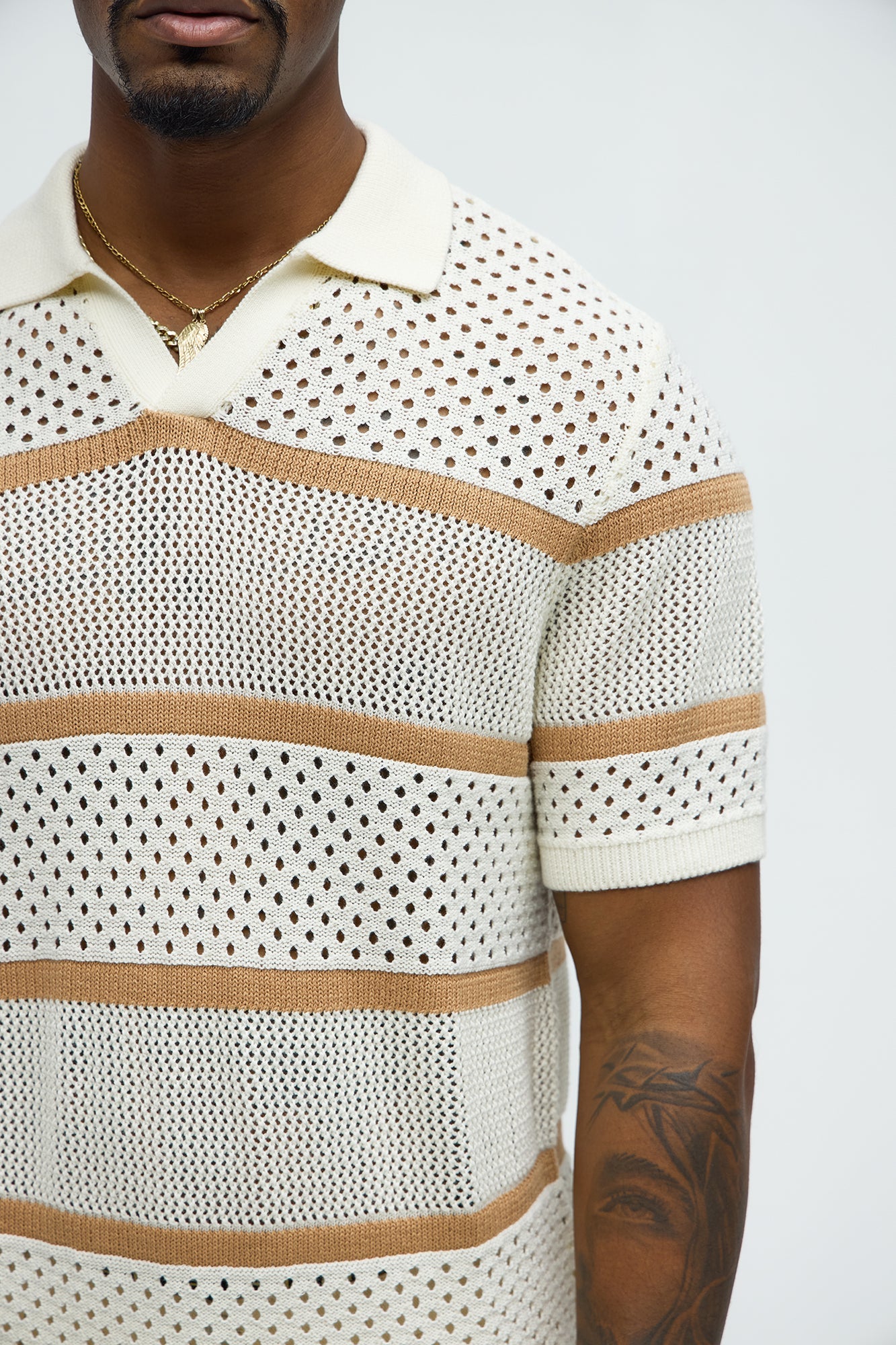 Mixed Texture Knitted Johnny Collar Shirt - Cream/combo