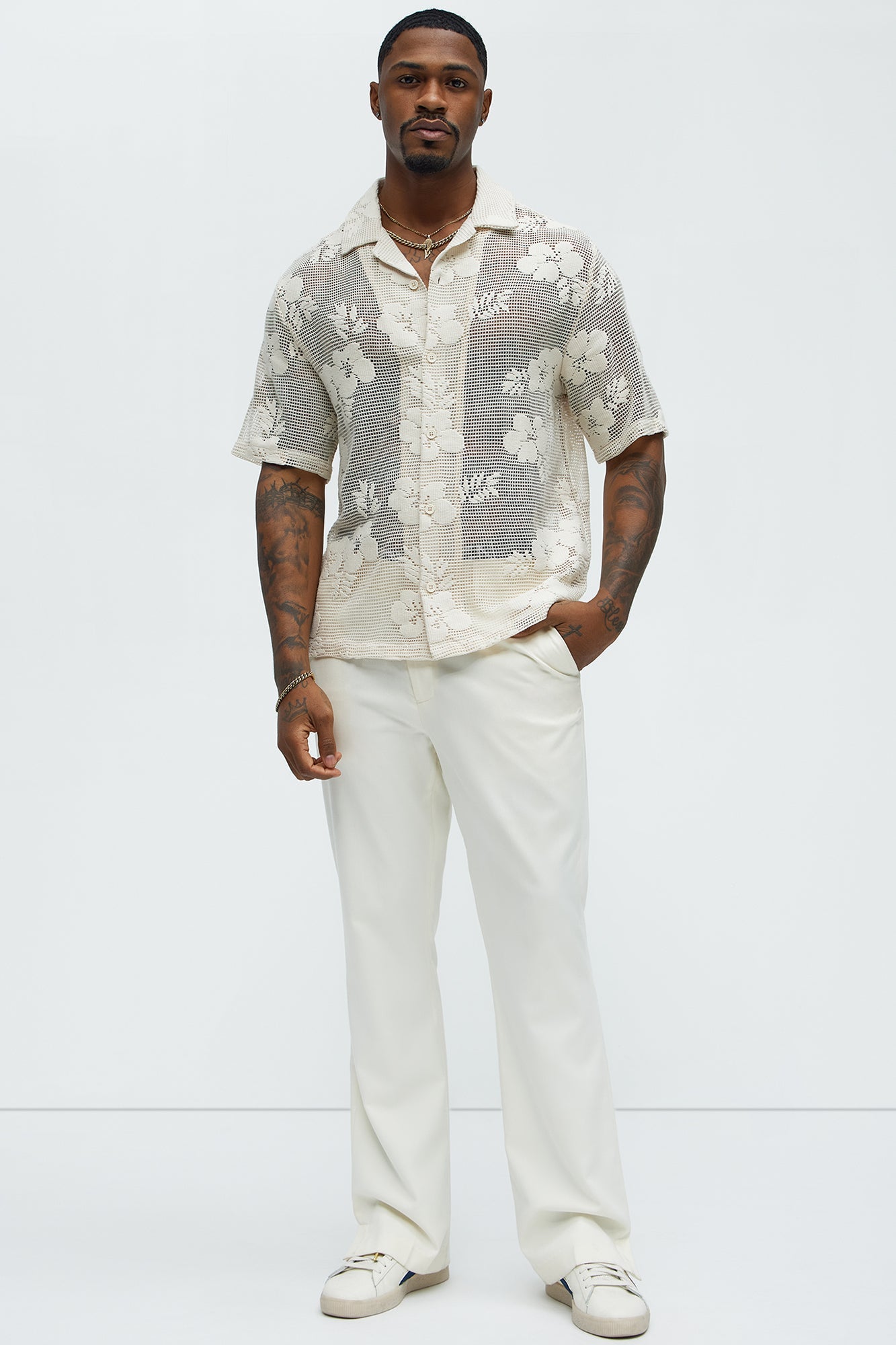 Carver Open Knit Crochet Cuban Shirt - Cream