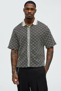 Zigzag Open Knit Crochet Cuban Shirt - Black/combo