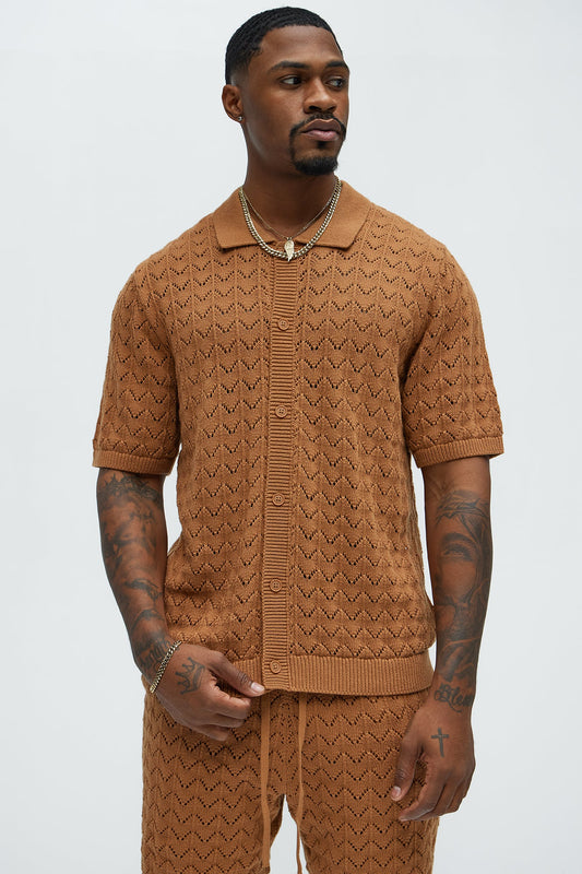Waterfall Texture Open Knit Shirt - Brown