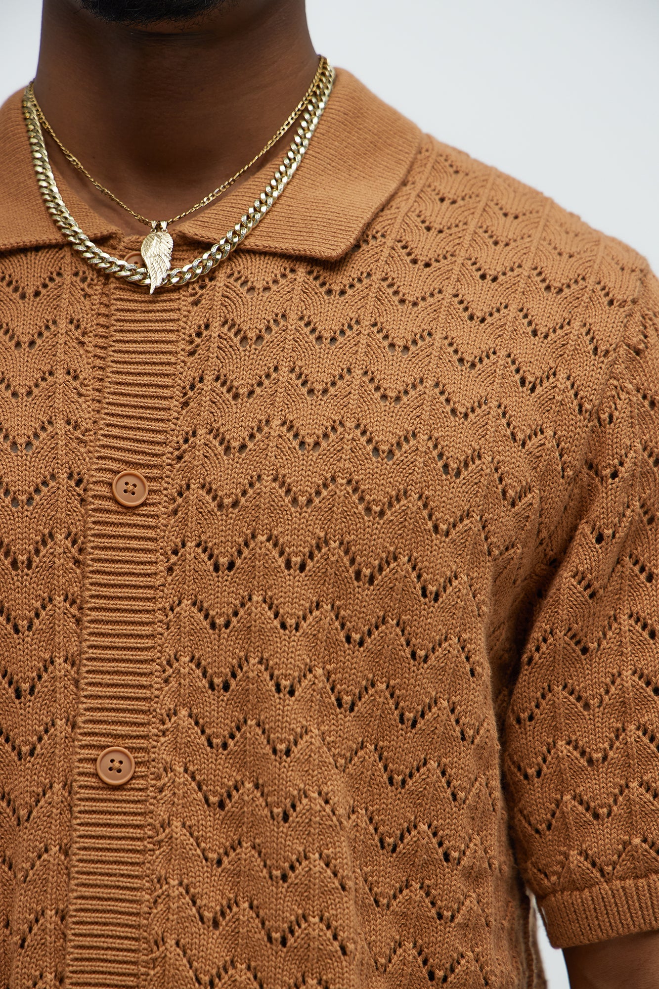 Waterfall Texture Open Knit Shirt - Brown
