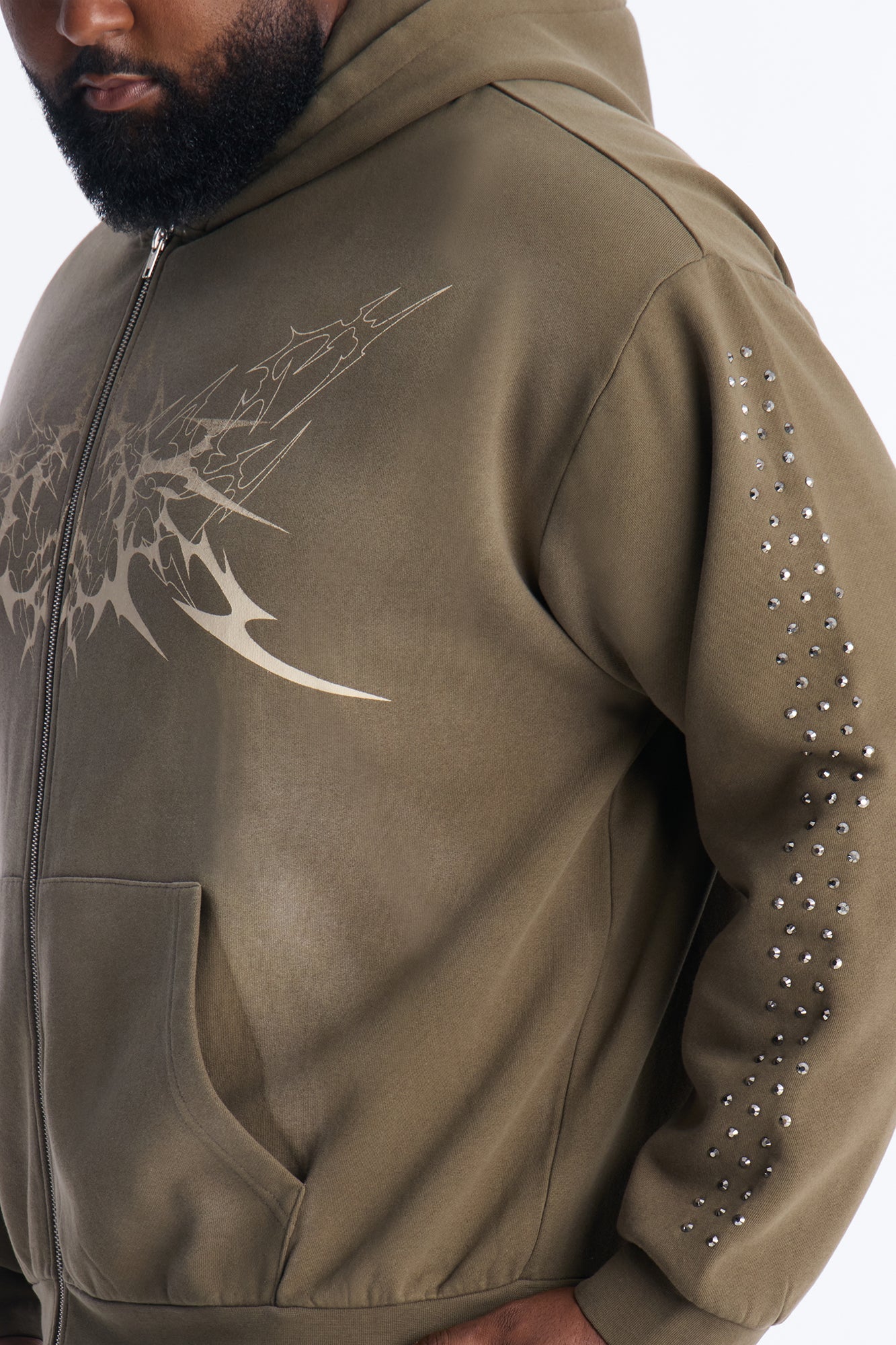 Tribal Rhinestone Zip Hoodie - Olive