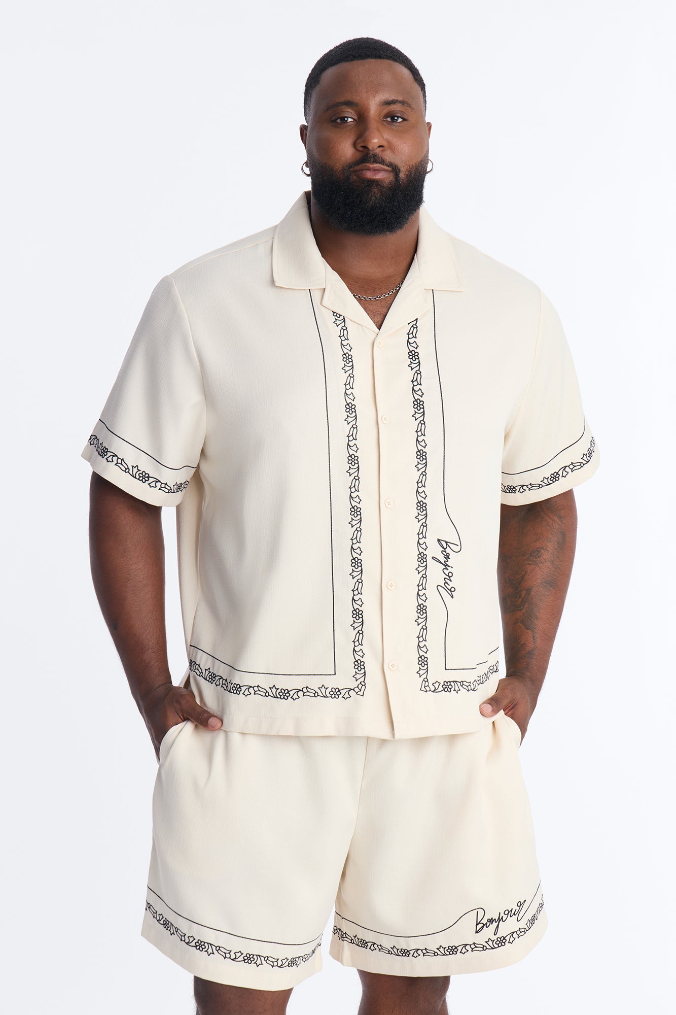 St. Tropez Embroidered Cuban Collar Button Up Shirt - Cream