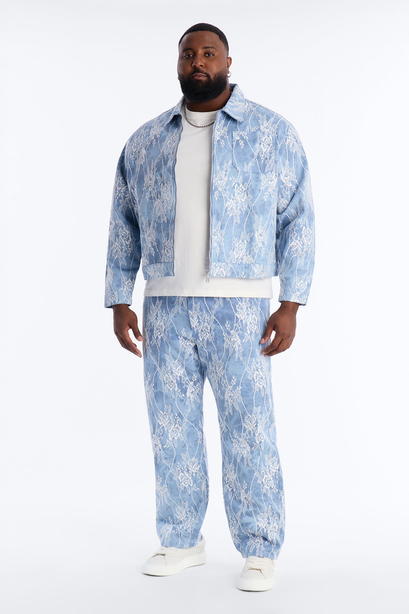 Lace Overlay Straight Jeans - Medium Blue Wash