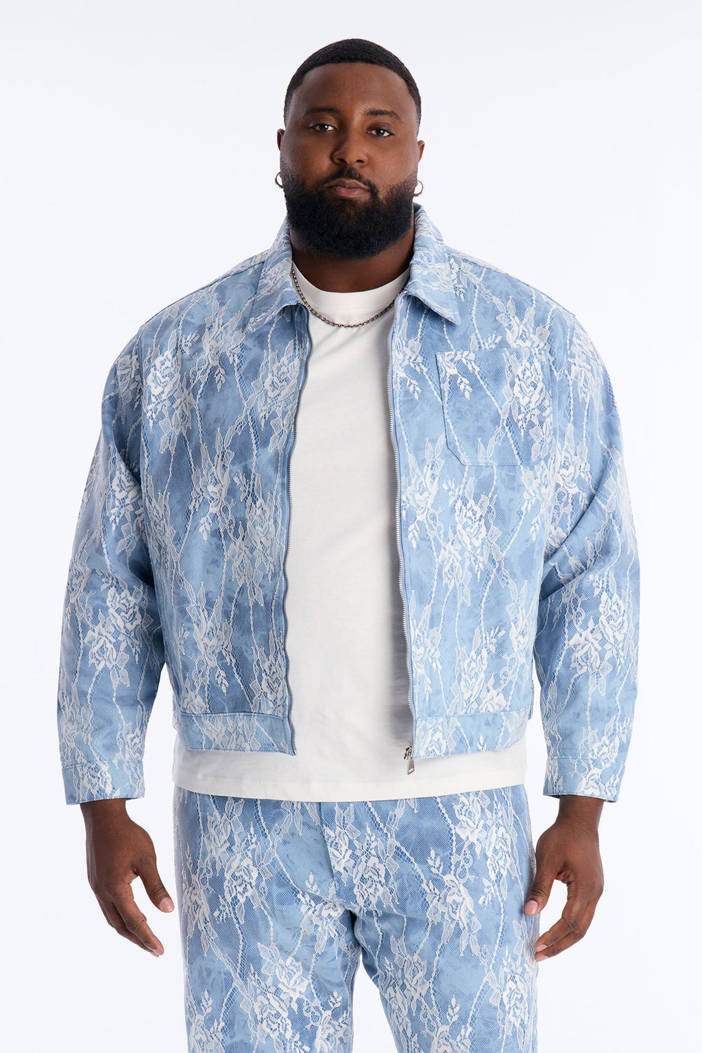 Lace Overlay Zip Denim Jacket - Medium Blue Wash