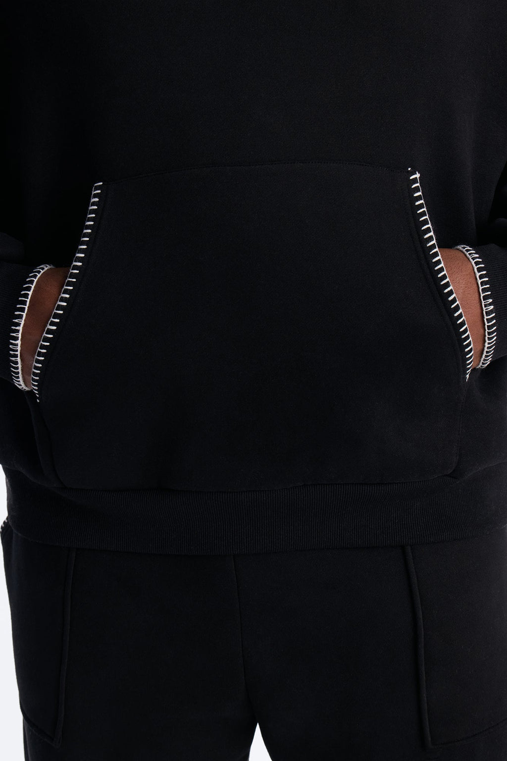 Oversized Contrast Blanket Stitch Hoodie - Black
