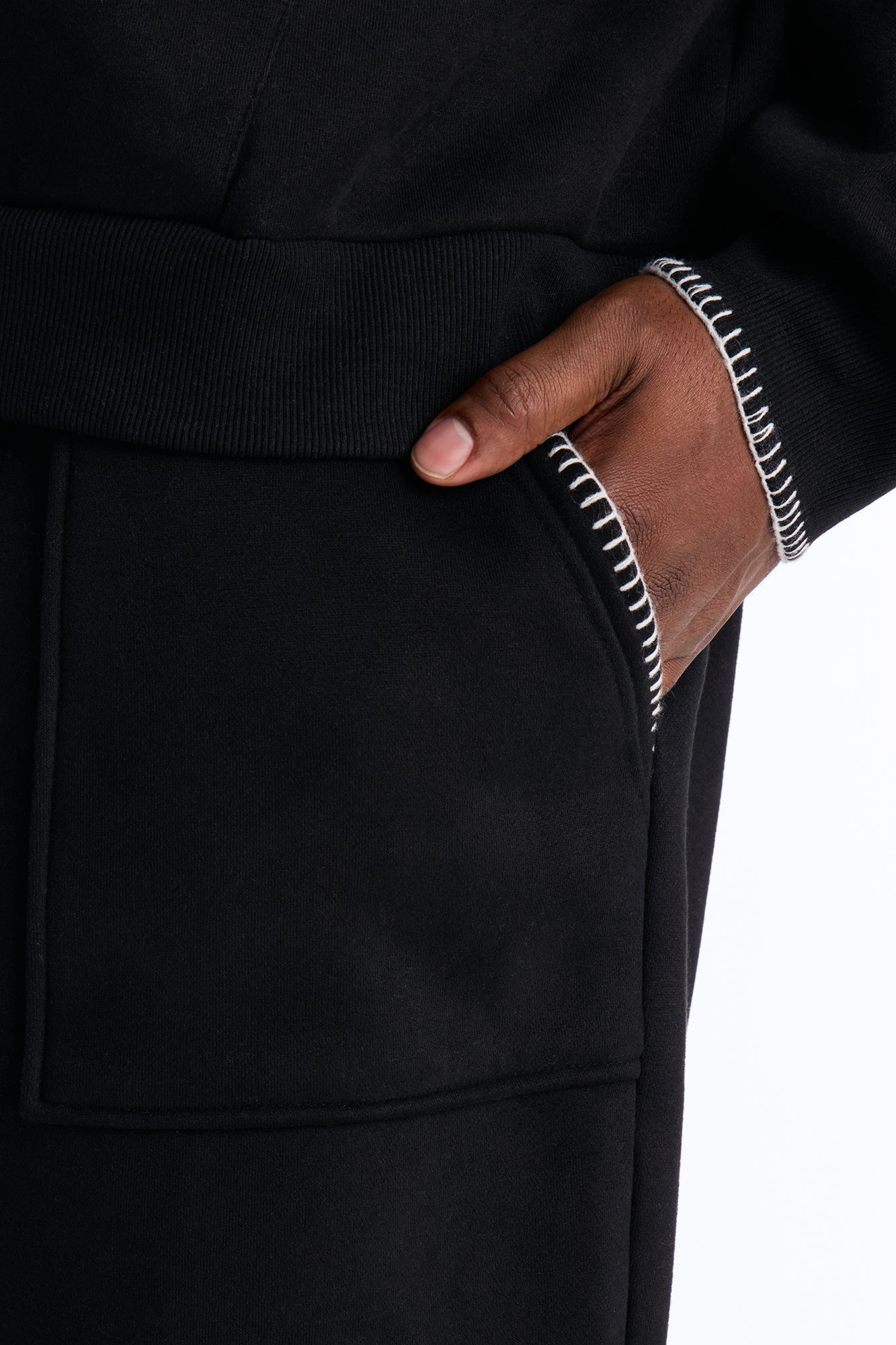 Straight Contrast Blanket Stitch Sweatpants - Black