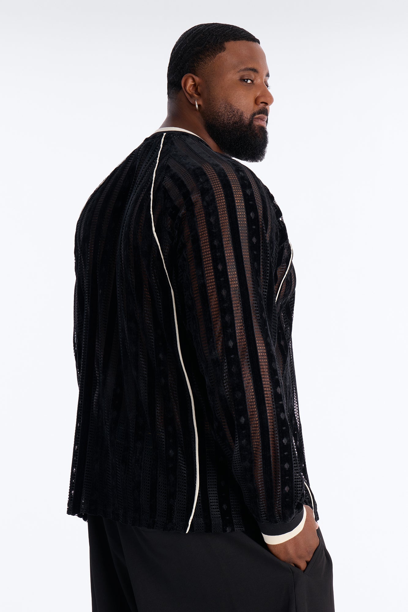 Luxe Grid Paneled V Neck Shirt - Black