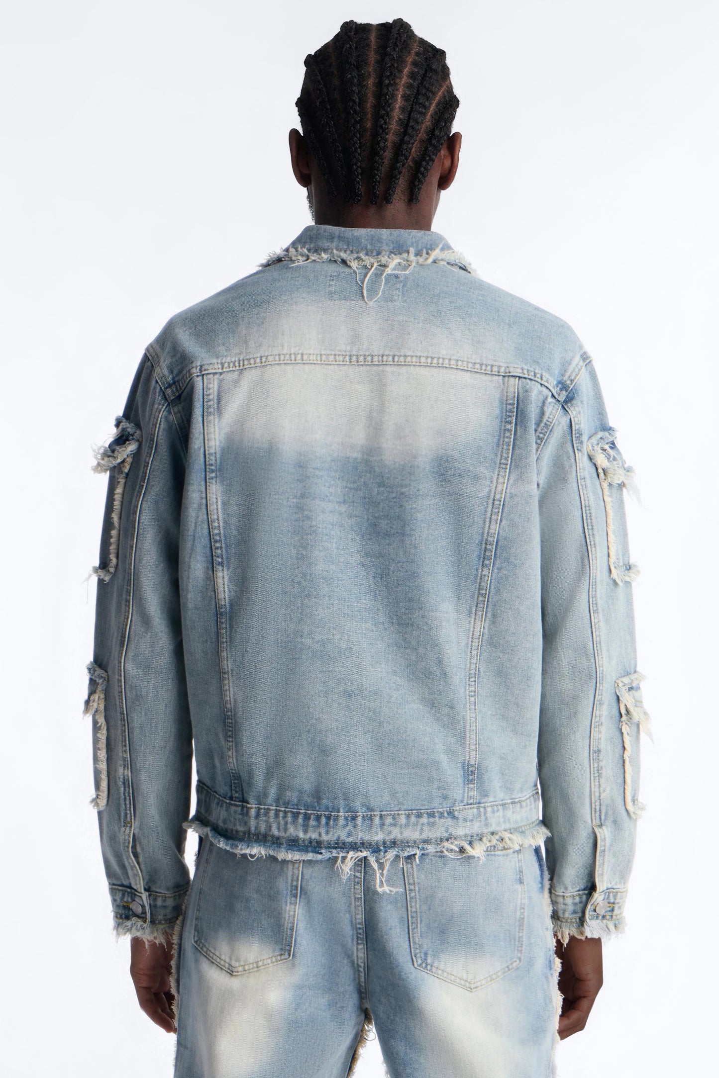 Tattered Cargo Denim Trucker Jacket - Light Wash