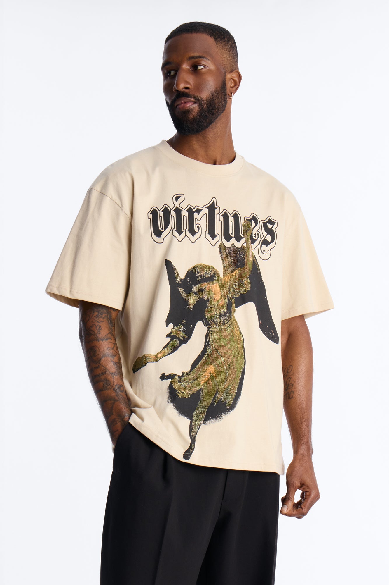Oversized Affirmational Virtues Short Sleeve Tee - Sand