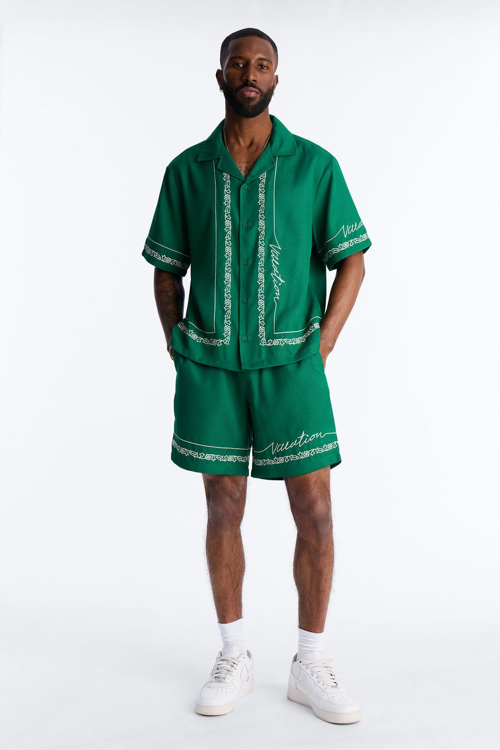 Kingston Embroidered Cuban Collar Button Up Shirt - Green