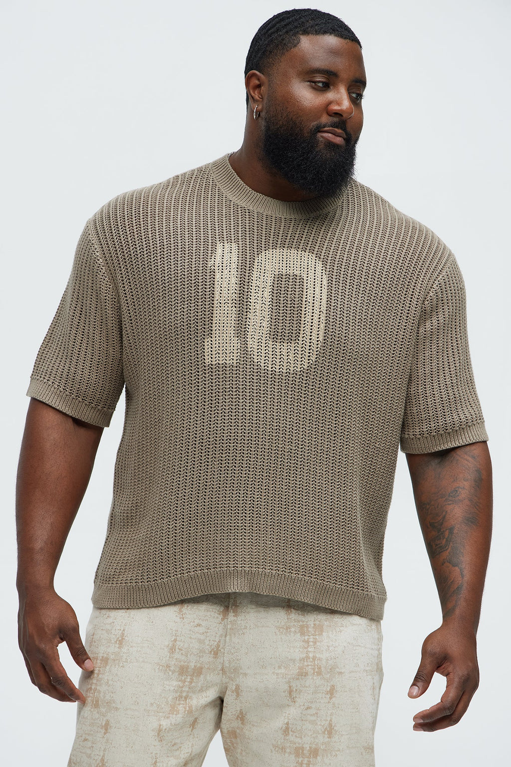 Printed Textured Knit Short Sleeve Tee - Brown