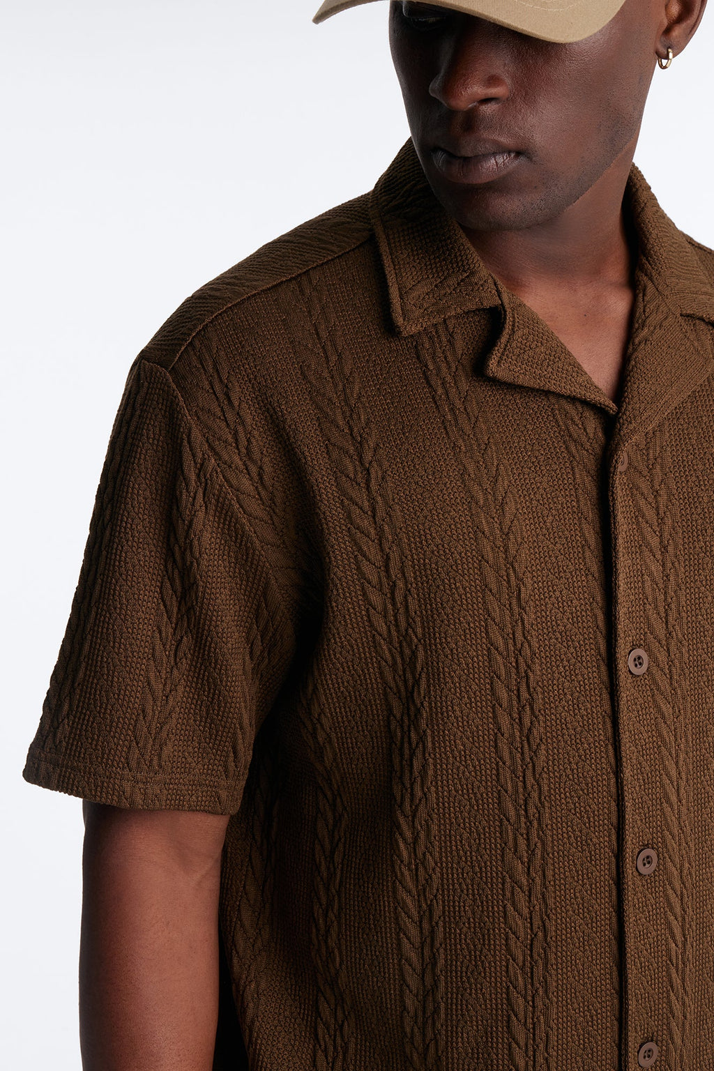 Textured Stripes Cuban Short Sleeve Button Up Shirt - Brown