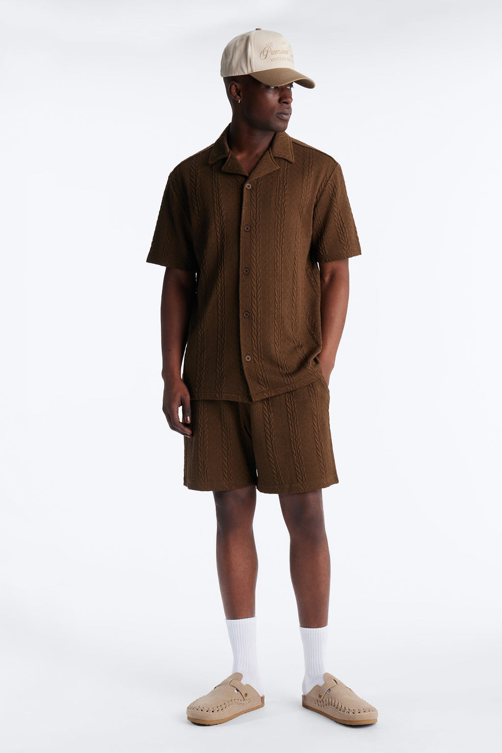 Textured Stripes Relaxed Drawstring Shorts - Brown