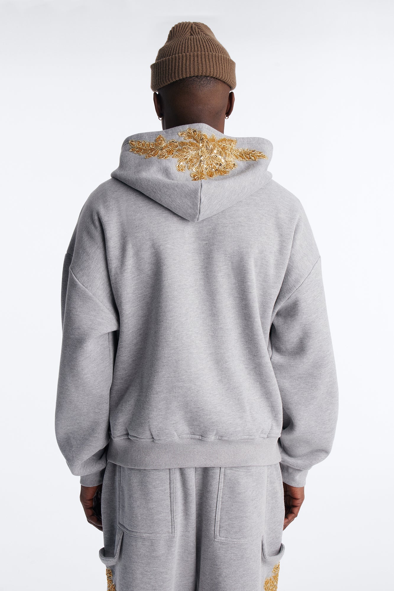 Oversized Rogue Sequin Applique Zip Up Hoodie - Grey