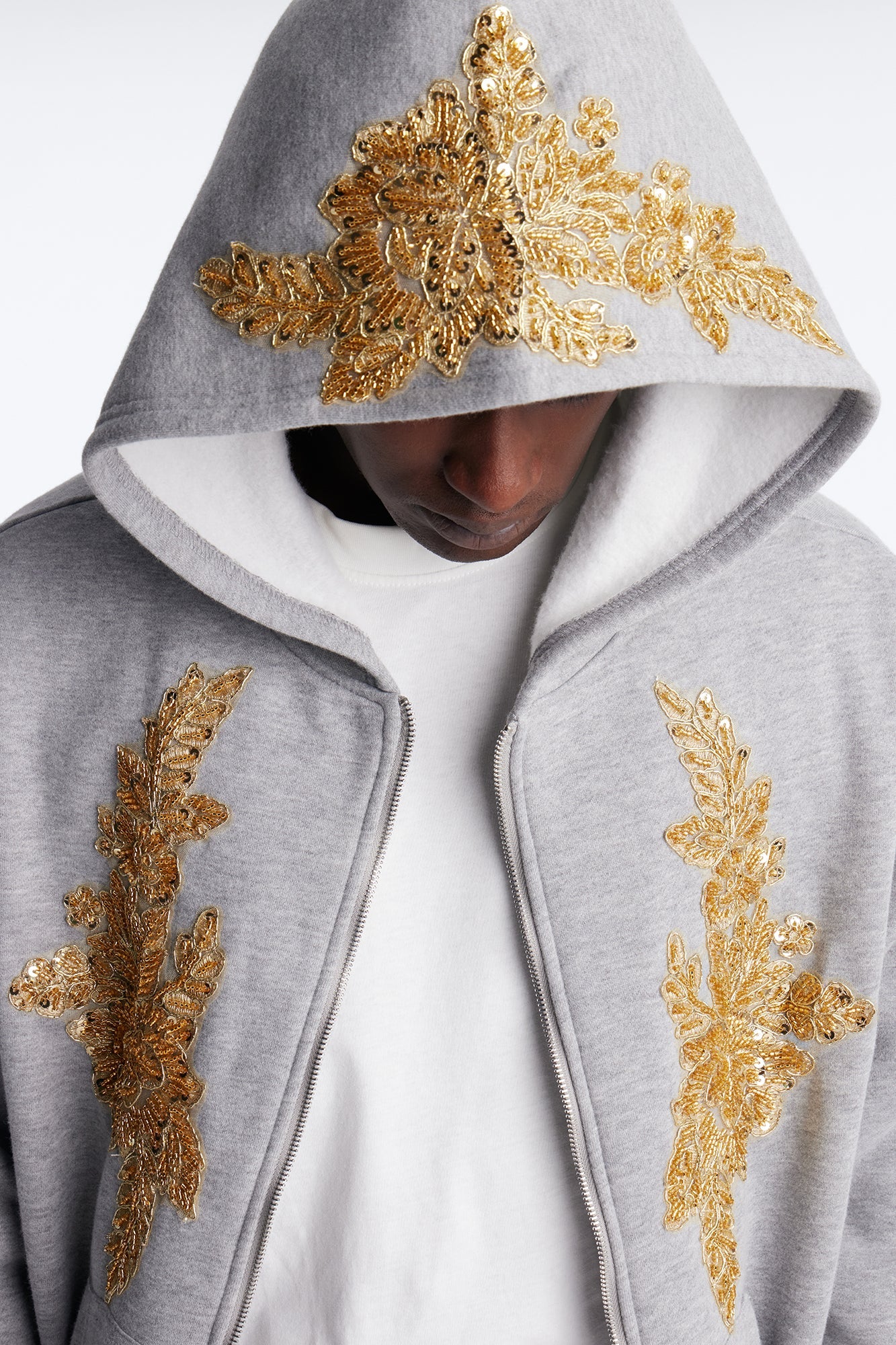 Oversized Rogue Sequin Applique Zip Up Hoodie - Grey