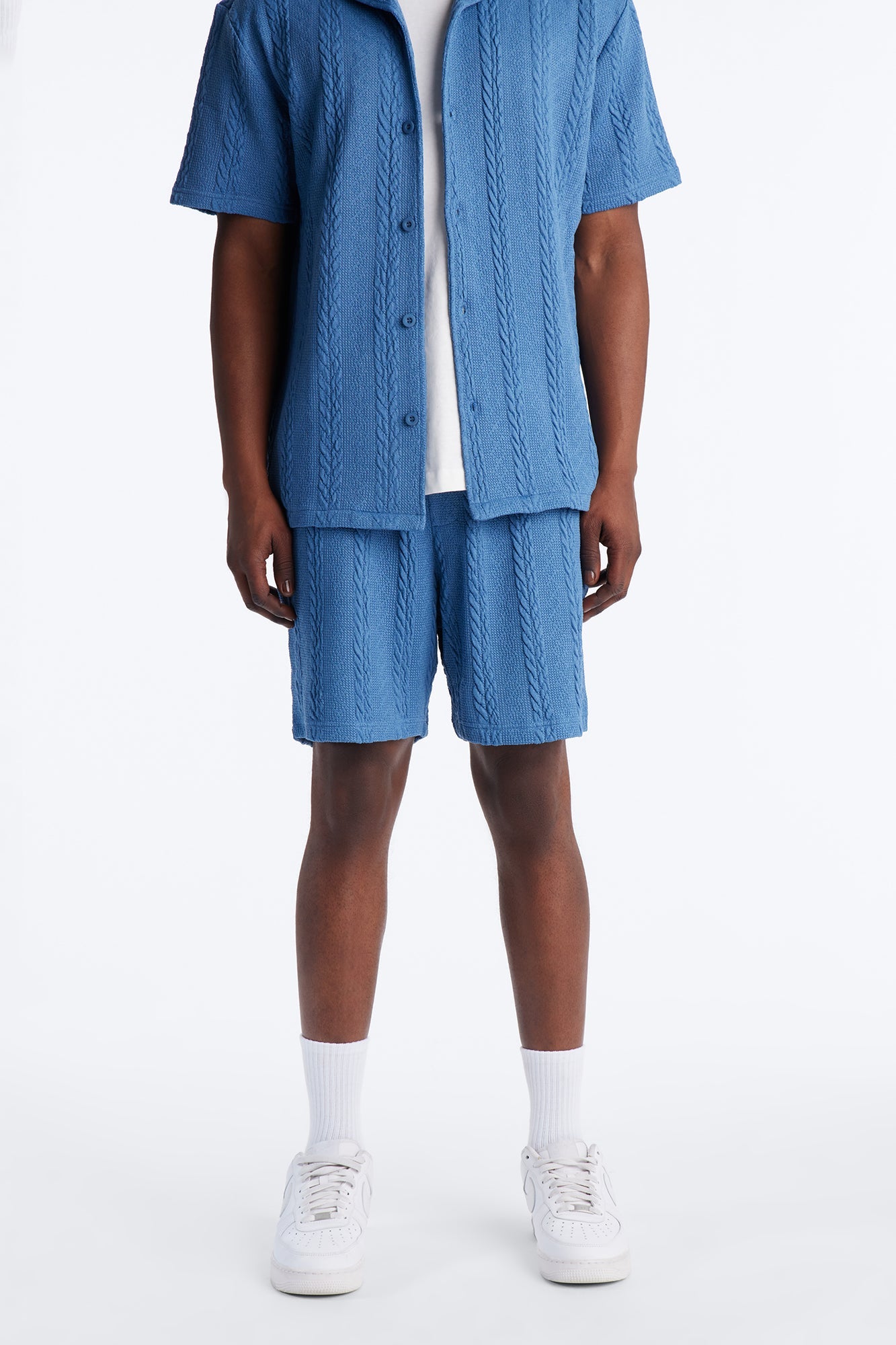Textured Stripes Relaxed Drawstring Shorts - Blue
