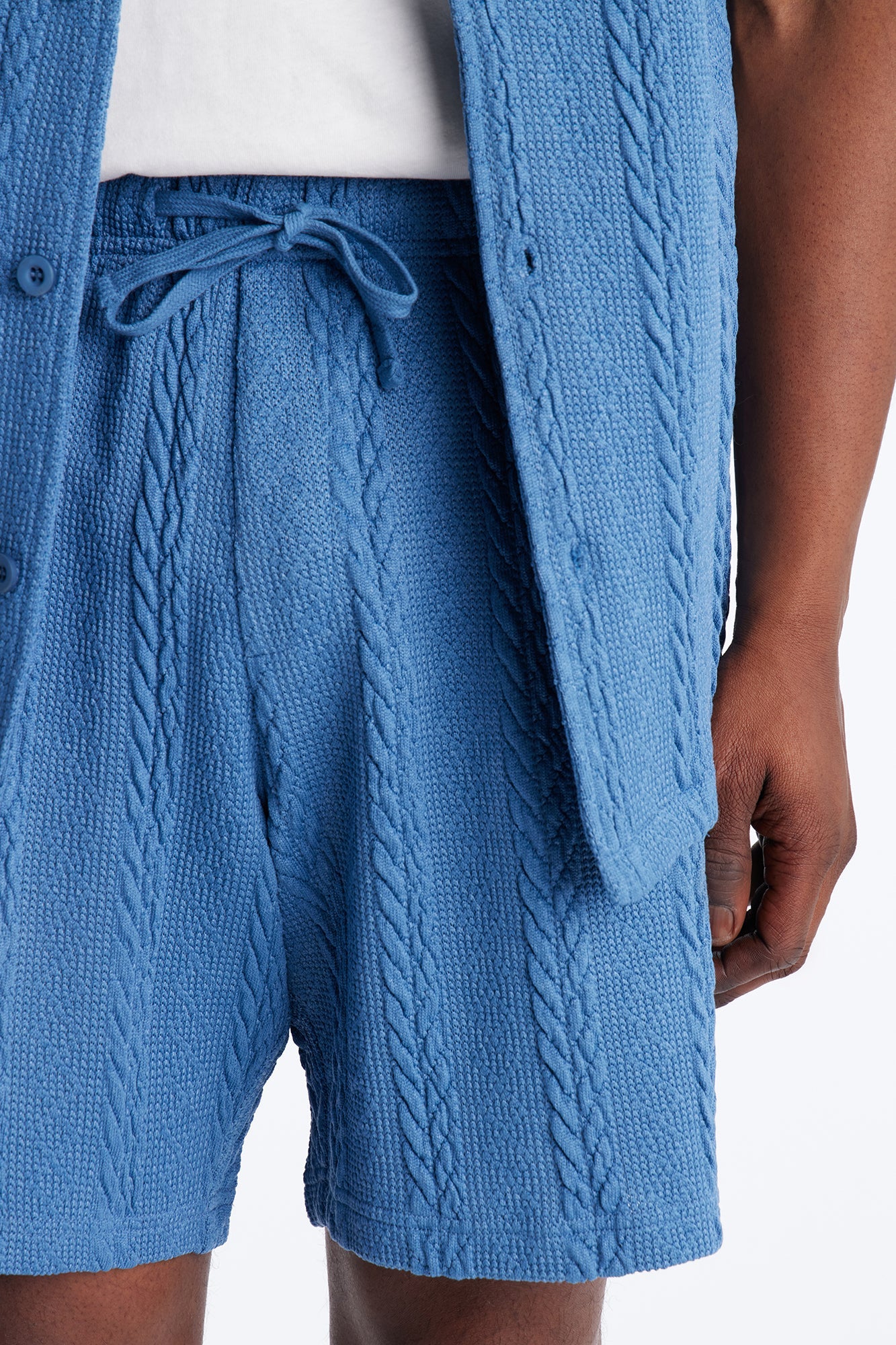 Textured Stripes Relaxed Drawstring Shorts - Blue