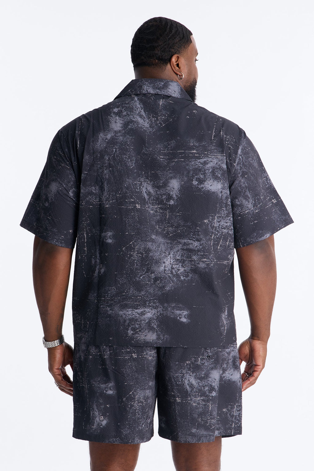 Relaxed Violet Static Seersucker Cuban Collar Up Shirt - Black